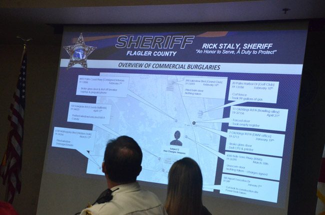Where the commercial burglaries are: the sheriff's weekly Crimemaps meetings analyze raw intelligence and map out hot spots to more effectively target crime-fighting. (© FlaglerLive)