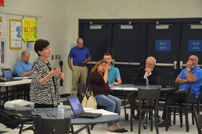 Facilitator Marilyn Crotty at the first public charter-review workshop last September. Four of the five Palm Coast City Council were at the table for that workshop. Fewer would show for subsequent ones. She ended the process by submitting her report and recommendations to the council on Tuesday. (© FlaglerLive)