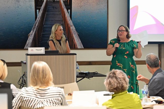 Nancy Crouch, left, handed off the board chair to Danielle Anderson. (© FlaglerLive)