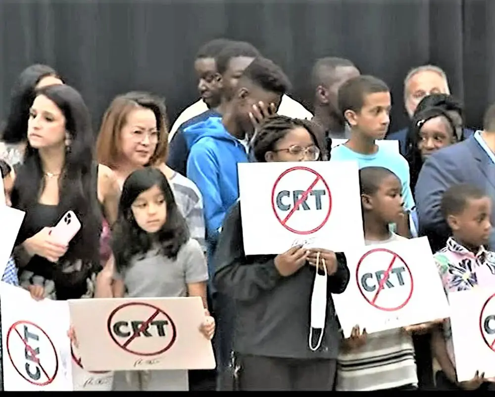 Schoolchildren at a public charter school in South Florida attend a bill signing, HB 7, with Gov. Ron DeSantis. CRT references Critical Race Theory. April 22, 2022.