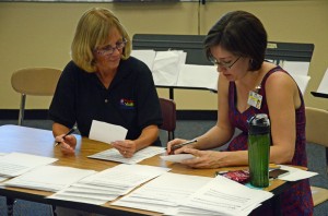 Artistic Director Sue Cryan, left, and Maggie Snively, collaborated on some 200 auditions over two days this week in preparation for the orchestra's ninth season. Click on the image for larger view. (© FlaglerLive)