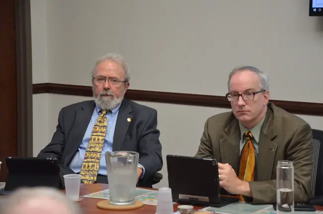 Council members Bob Cuff, left, and Vincent Lyon, both lawyers, resisted a suggestion to further delay the search for a new city manager. (© FlaglerLive)