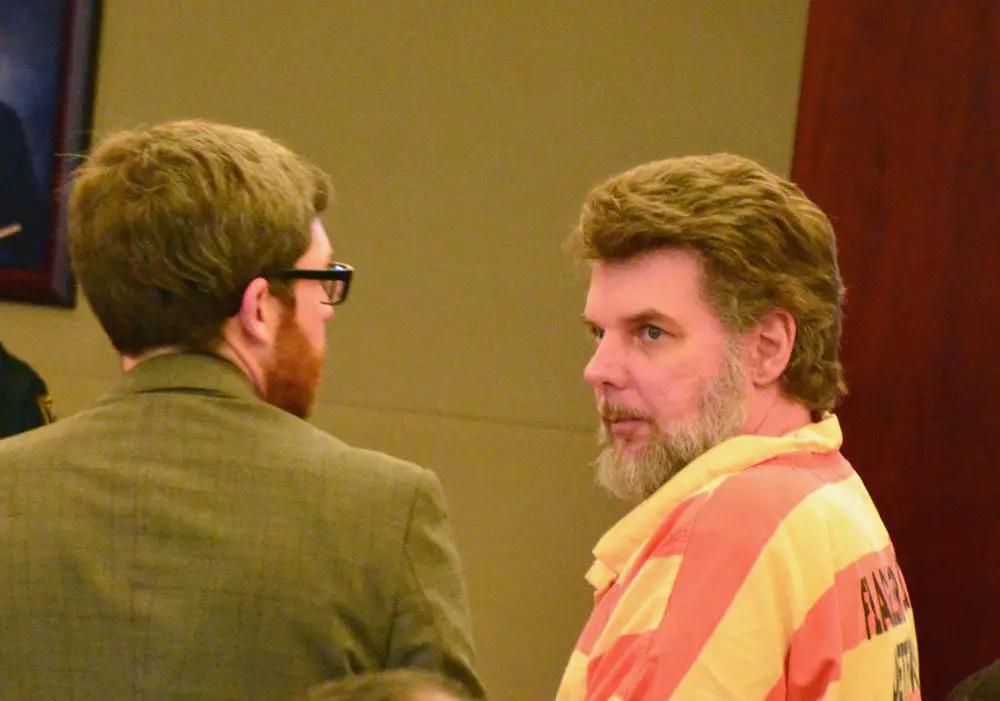 Michael Cummings, who is accused of murdering his wife at their Point Pleasant home in 2018, with his attorney, Josh Mosley, in court today. (© FlaglerLive)