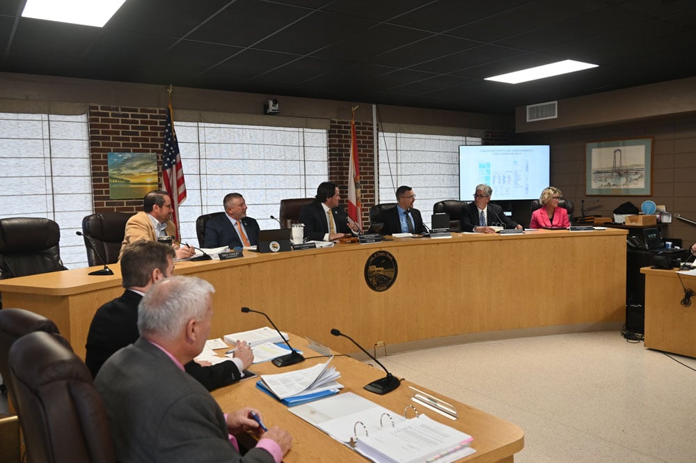 To the dismay of Commissioner John Cunningham, the Flagler Beach City Commission Thursday night reasserted its confidence in City Manager Dale Martin, in the foreground. (© FlaglerLive)