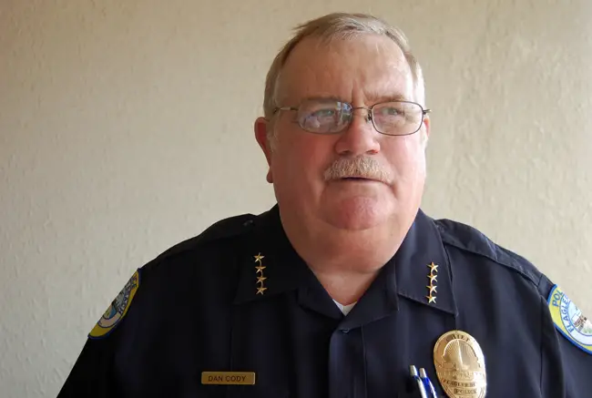 Long-time Police Chief Dan Cody is looking beyond his tenure in Flagler Beach, from which he was edged out by Manager Bruce Campbell, who is replacing the chief's job with a captain. (© FlaglerLive)