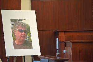 Dana Mulhall's portrait was displayed for jurors during the prosecution's case against Paul Miller, who is accused of murdering Mulhall in Flagler Beach in March 2012. (© FlaglerLive)