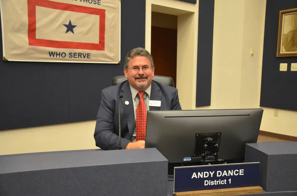 For County Commissioner Andy Dance, a familiar seat, but an unfamiliar process. (© FlaglerLive)