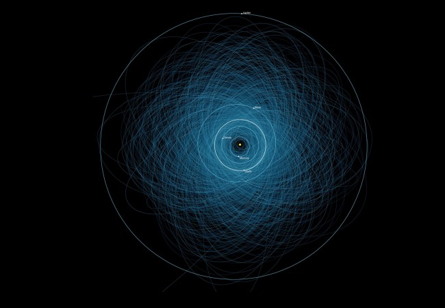 Not reassuring. Are asteroids dangerous? Some are, but the likelihood of a dangerous asteroid striking the Earth during any given year is low. Because some past mass extinction events have been linked to asteroid impacts, however, humanity has made it a priority to find and catalog those asteroids that may one day affect life on Earth. Pictured above are the orbits of the over 1,000 known Potentially Hazardous Asteroids (PHAs). These documented tumbling boulders of rock and ice are over 140 meters across and will pass within 7.5 million kilometers of Earth -- about 20 times the distance to the Moon. Although none of them will strike the Earth in the next 100 years -- not all PHAs have been discovered, and past 100 years, many orbits become hard to predict. Were an asteroid of this size to impact the Earth, it could raise dangerous tsunamis, for example. Of course rocks and ice bits of much smaller size strike the Earth every day, usually pose no danger, and sometimes creating memorable fireball and meteor displays. Click on the image for larger view. (NASA and JPL-Caltech)