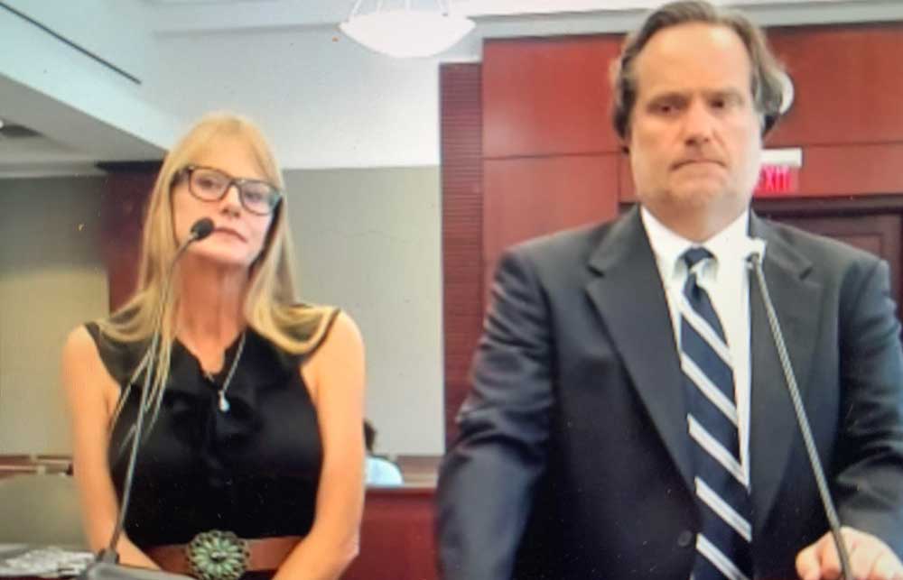 Melissa Gilham appearing with her attorney, Josh Davis, before Circuit Judge Terence Perkins in Flagler Circuit Court this morning. (© FlaglerLive via zoom)