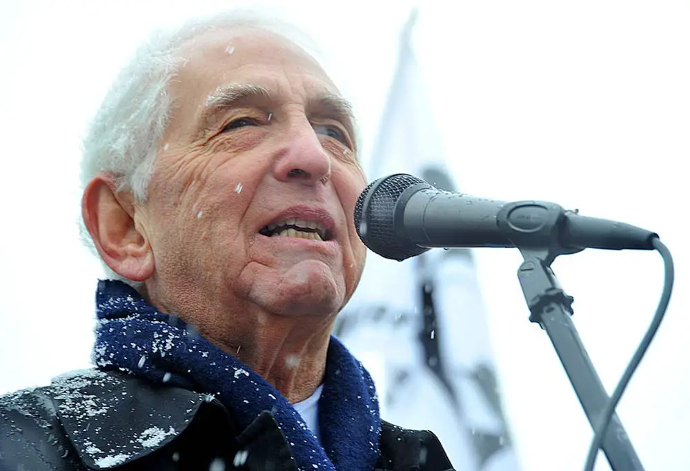 Daniel Ellsberg addresses supporters during an anti-war protest in 2010 in front of the White House. 