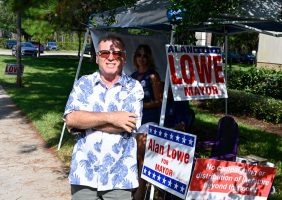 Ed Danko campaigning at the public library this morning. He was skipping a Palm Coast City Council workshop. (© FlaglerLive) 