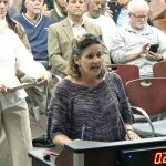 Darlene Shelley addressing the Palm Coast City Council in opposition to the expansion of an E-Section housing development to 71 homes at a Feb. 17, 2026 meeting. (© FlaglerLive via YouTube)