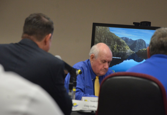 Commissioner Dave Sullivan at today's workshop on Bing's Landing, before he made his statement on the Sheriff's Operations Center. 'At some point,' he said, 'you’ve got to look around and say this is insane, what we’re doing to the Sheriff’s Operations Center.' (© FlaglerLive)