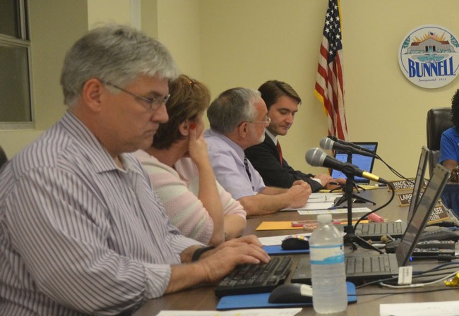 Deputy City Clerk Dan Davis, first on the left, is among the three internal applicants vying to replace Bunnell City Manager Larry Williams, third from left. (© FlaglerLive)