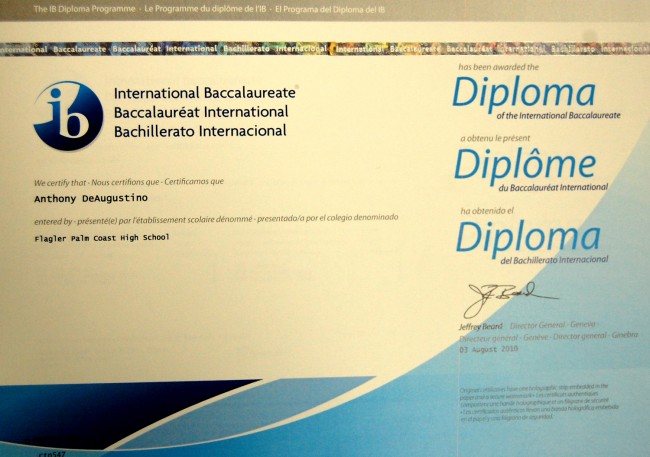 The proverbial piece of paper: Anthony deAugustino's IB Diploma. (© FlaglerLive)