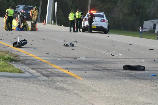 A grimly familiar sight at the intersection of U.S. 1 with Old Dixie Highway near the White Eagle Lounge, Monday, following yet another fatal crash. It claimed the life of 59-year-old Gordon Therrien. (© FlaglerLive)