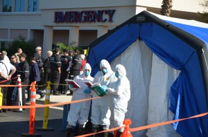 The decontamination tent. The volunteers who manned it today are actually trained to do so in a real emergency.  Click on the image for larger view. (© FlaglerLive)