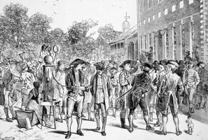 A Harper’s Weekly image of the first reading of the Declaration of Independence outside Independence Hall in Philadelphia on July 8, 1776.