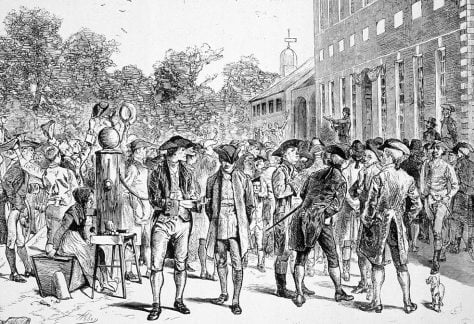 A Harper’s Weekly image of the first reading of the Declaration of Independence outside Independence Hall in Philadelphia on July 8, 1776.