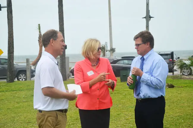 The three Democratic candidates for the 6th Congressional District that includes Flagler County, in Flagler Beach last Sunday. From left, John Upchurch, Nancy Soderberg and Stephen Sevigny. (© FlaglerLive)