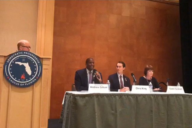 Tallahassee Mayor Andrew Gillum, left, businessman Chris King, center, and former Congresswoman Gwen Graham at a June 17 forum, in a video still from the Democratic Party.