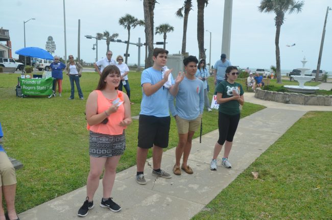 Democrats in waiting: From left, Flagler Palm Coast High School freshman Savanna Dacosta, Junior Tyler Perry, who also heads the school's Student Government Association, Junior Michael Pierre, and Senior Mia Scarcella. Click on the image for larger view. (© FlaglerLive) 