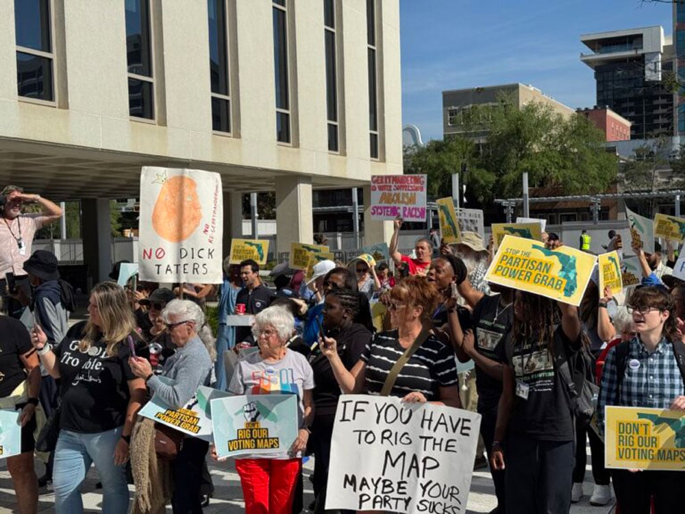 A crowd protesting mid-decade redistricting gathers outside the Florida Capitol while lawmakers convene inside in a special session on the matter on April 28, 2026.