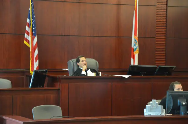 Circuit Judge Dennis Craig, shortly after Maria Howell left the court during a pre-trial in October at the Flagler County courthouse. (© FlaglerLive)