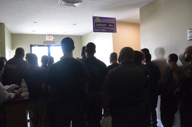 Deputies, many of them school resource deputies assigned to Flagler's 11 public and charter schools,  during active-shooter training last week. (c FlaglerLive)