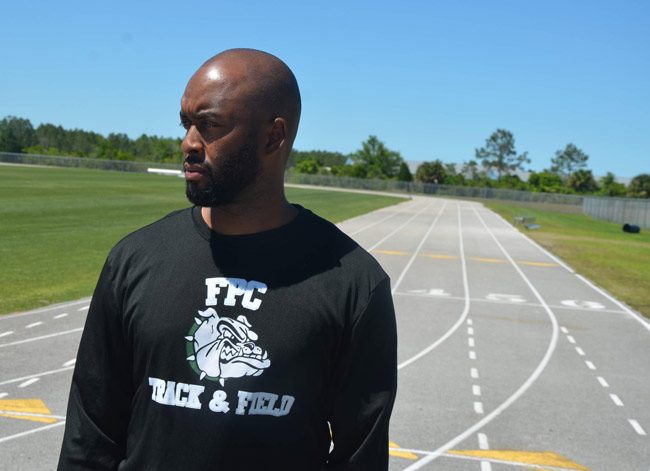 Coach Derrick Griffin, seen here at Indian Trails Middle School, where he works, coaches PAL track and was asked to remove the FPC shirt he wore while on Matanzas High School's track. (© FlaglerLive)