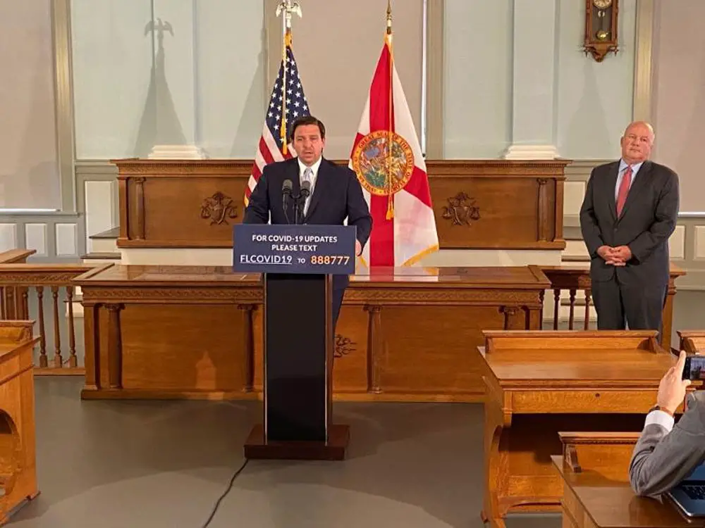 Gov. Ron DeSantis addressing the state's troubled unemployment system, among other issues he discussed Thursday. (NSF)