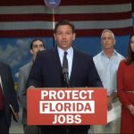 Gov. Ron DeSantis speaks during a press conference today in Lakeland, in a screenshot from his Facebook page.