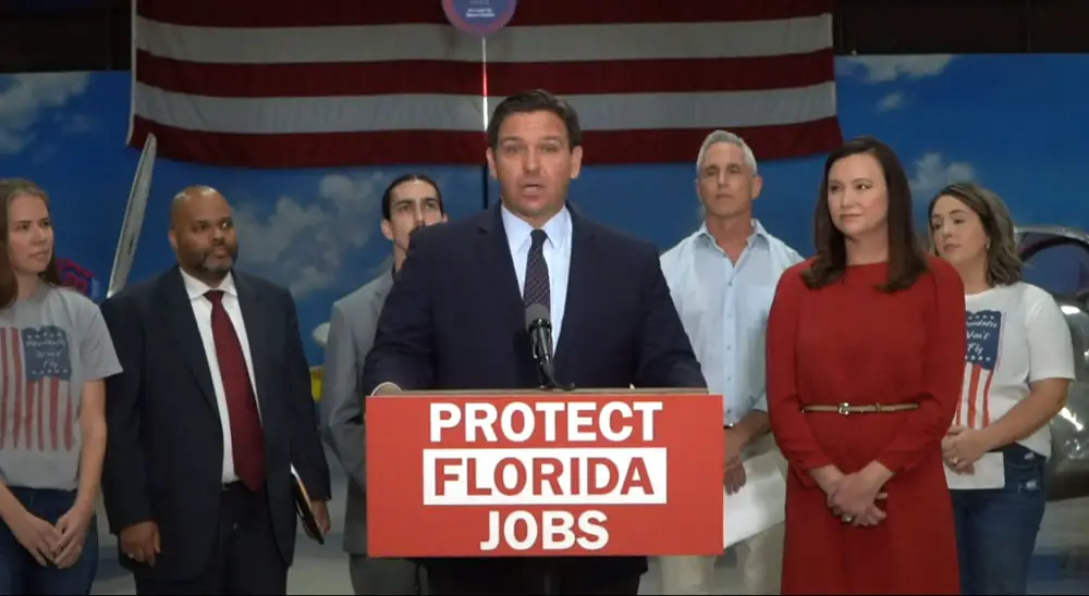 Gov. Ron DeSantis speaks during a press conference today in Lakeland, in a screenshot from his Facebook page. 