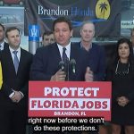 Gov. Ron DeSantis announcing the signing of anti-vaccine mandate bills in Brandon today, a location chosen intentionally to coincide with the far-right war chant "Let's Go Brandon," a euphemism for "fuck Joe Biden." (© FlaglerLive via Florida Channel)