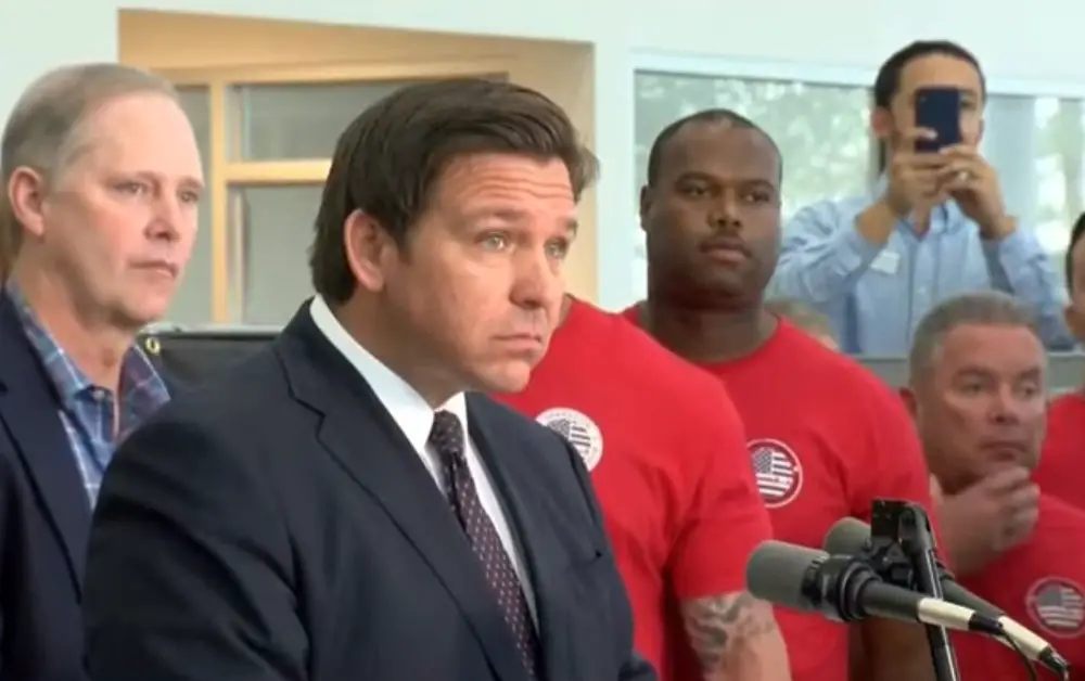 Gov. DeSantis in Brandon earlier this month, where he signed an anti-vaccine mandate bill. (WFLA screen capture)