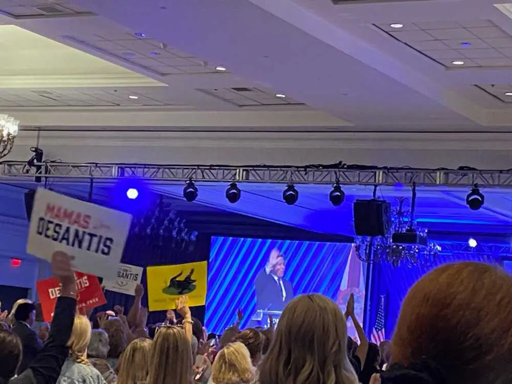 Gov. DeSantis receives a rousing welcome at the Moms For Liberty summit Friday in Tampa. (Laura Cassels)