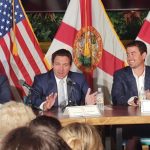 Gov. Ron DeSantis speaking at the Tampa Hula Bay Club on May 7, 2025. (Photo by Mitch Perry/Florida Phoenix)