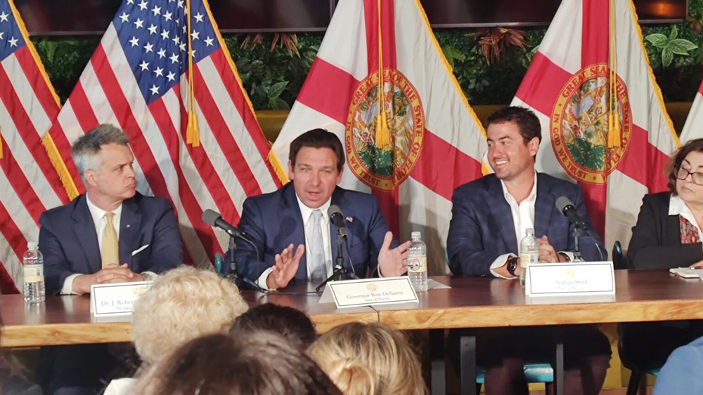 Gov. Ron DeSantis speaking at the Tampa Hula Bay Club on May 7, 2025. (Photo by Mitch Perry/Florida Phoenix)