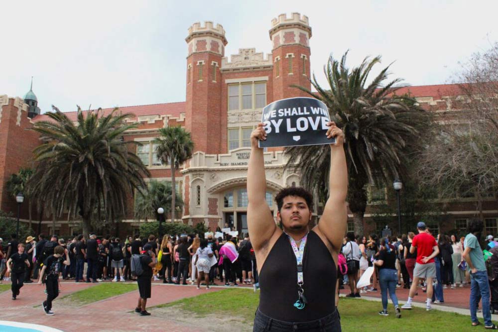 DJ Spang, a student from Tallahassee Community College, joined a walkout at Florida State University to protest various policies for higher education from the DeSantis Administration. Feb. 23, 2023.