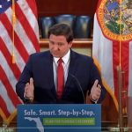 Gov. Ron DeSantis speaking about the budget and other matters Tuesday. (© FlaglerLive via Florida Channel)