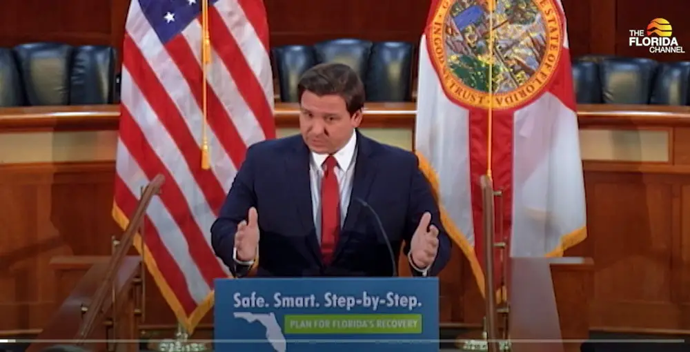 Gov. Ron DeSantis speaking about the budget and other matters Tuesday. (© FlaglerLive via Florida Channel)