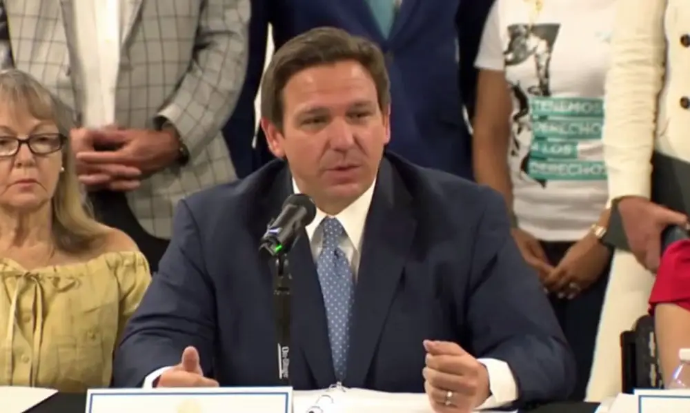 Gov. Ron DeSantis in a July 13 roundtable on Cuba, in a still from the video posted to his Rumble account. The roundtable on masks was posted Monday. It was not visible today. (© FlaglerLive via Rumble)