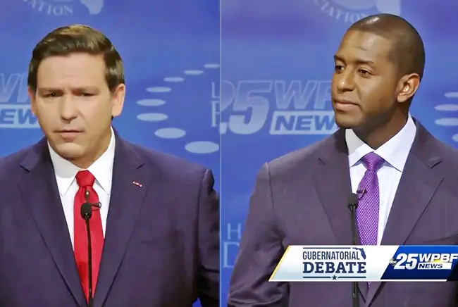 It'll be the last time they share a stage for a while: Ron DeSantis, left, and Andrew Gillum. (© FlaglerLive via WPBF)