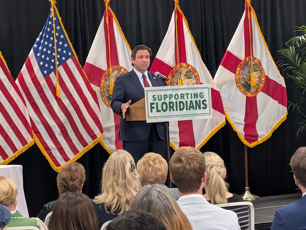 Florida Gov. Ron DeSantis speaking the USF Health Morsani Center for Advanced Healthcare in Tampa on June 25, 2025. (Photo by Mitch Perry/Florida Phoenix)