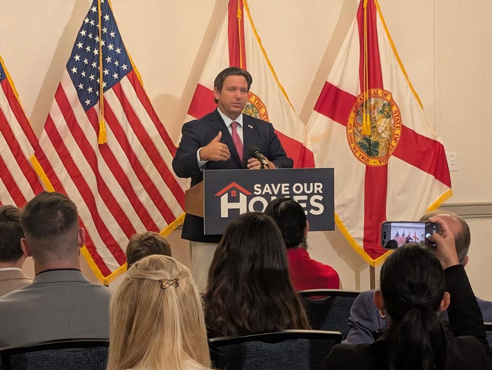 Gov. Ron DeSantis announces his proposal to provide property tax relief in Tampa on May 27, 2026. (Photo by Mitch Perry/Florida Phoenix)