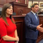 Lt. Gov. Janet Nuñez flanks Gov. Ron DeSantis as he takes questions from reporters following his State of the State speech on Jan. 11, 2022. (Michael Moline)