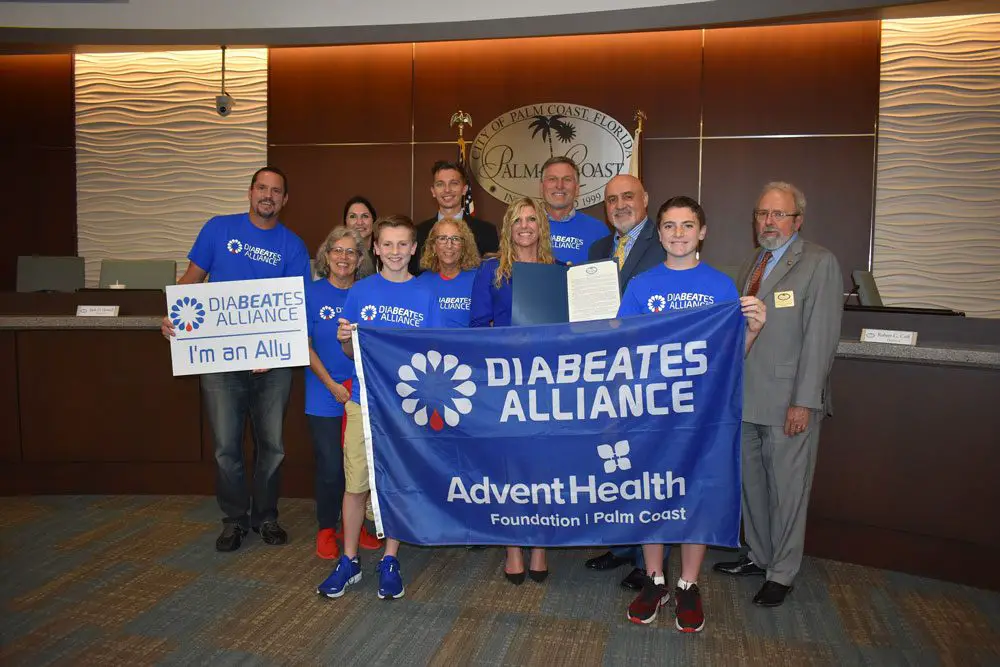 AdventHealth Palm Coast Foundation present for Diabetes Awareness Month proclamation along with Palm Coast City Council members. (Palm Coast)
