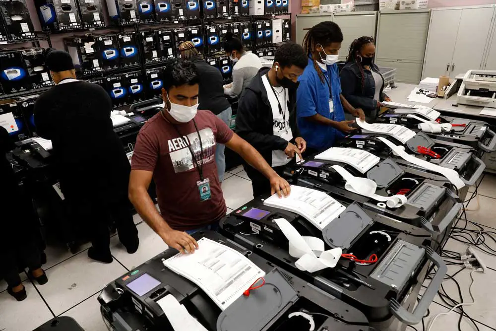 Election workers in Detroit test their equipment made by Dominion Voting Systems in August 2022. 
