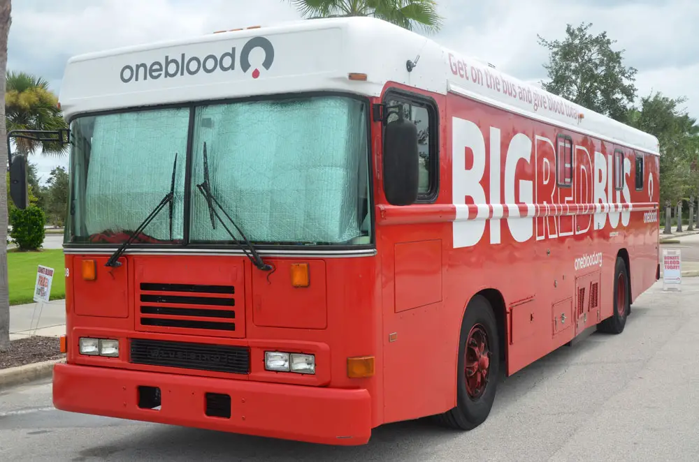 OneBlood, whose Big Red Bus is routinely seen around Palm Coast and Flagler, is collecting plasma from eligible patients who have recovered from Covid-19. (© FlaglerLive)