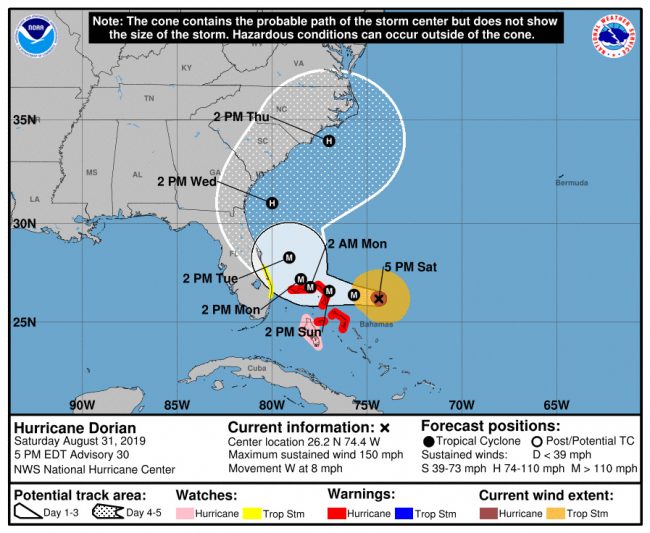 Hurricane Dorian's path continued a dramatic shift east on Saturday.